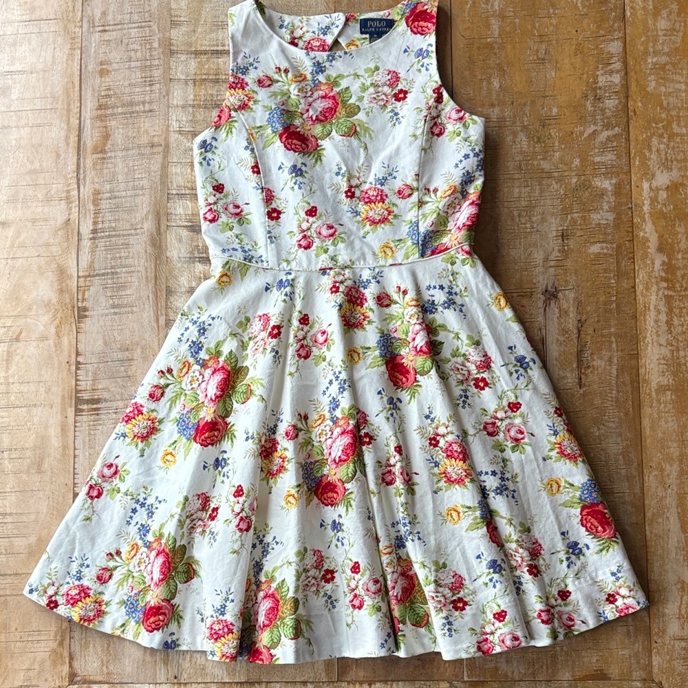Ralph Lauren White Floral Fit-and-Flare Dress with Red, Pink and Blue Blooms